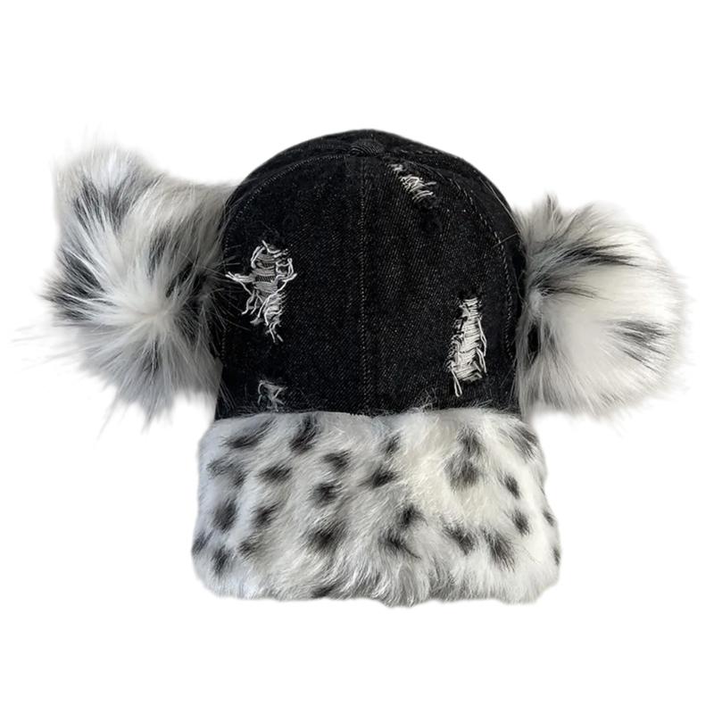 Fashionable Baseball Caps Unique Pompoms Furry Brim Dotted Pattern for Idol Concert Shows Stage Dance Headwear