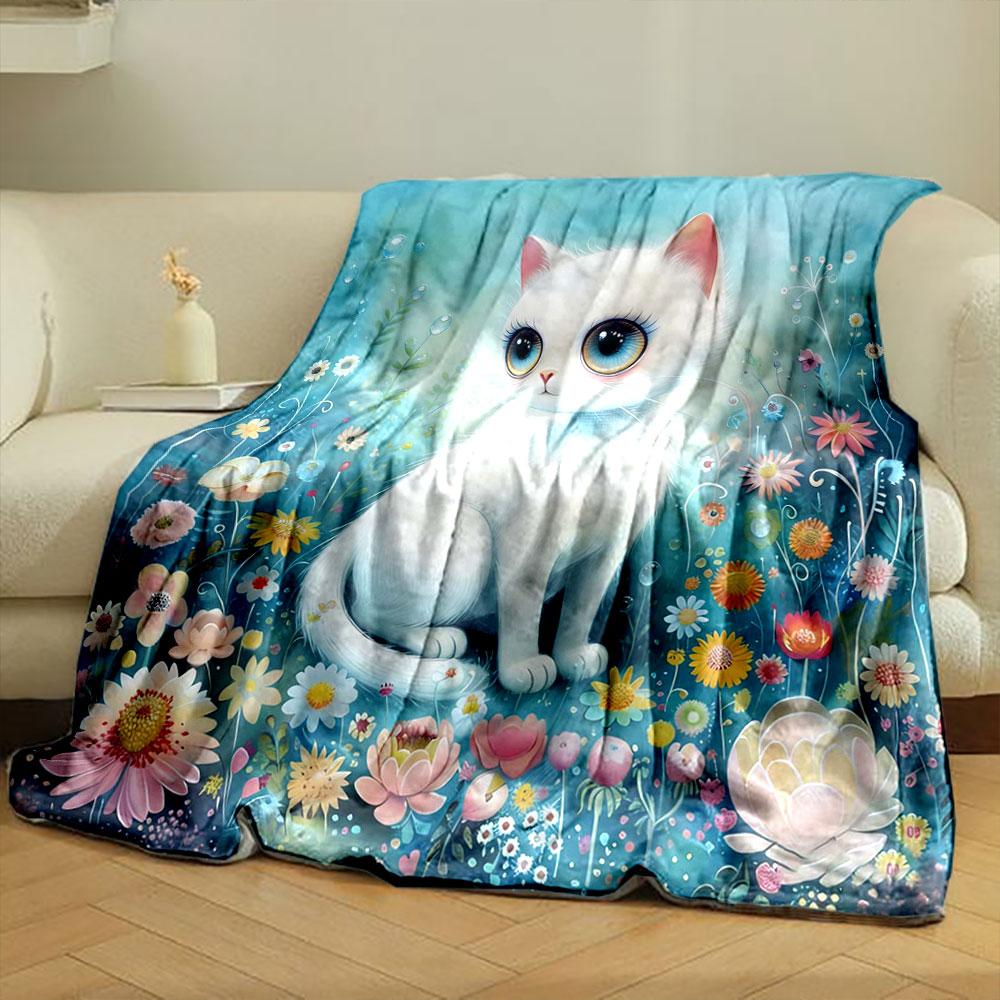 1PC Cartoon Kitten and Flower Illustration Print Warm Comfortable Blanket Home Travel Camping for Adults and Kids Luxury Gifts