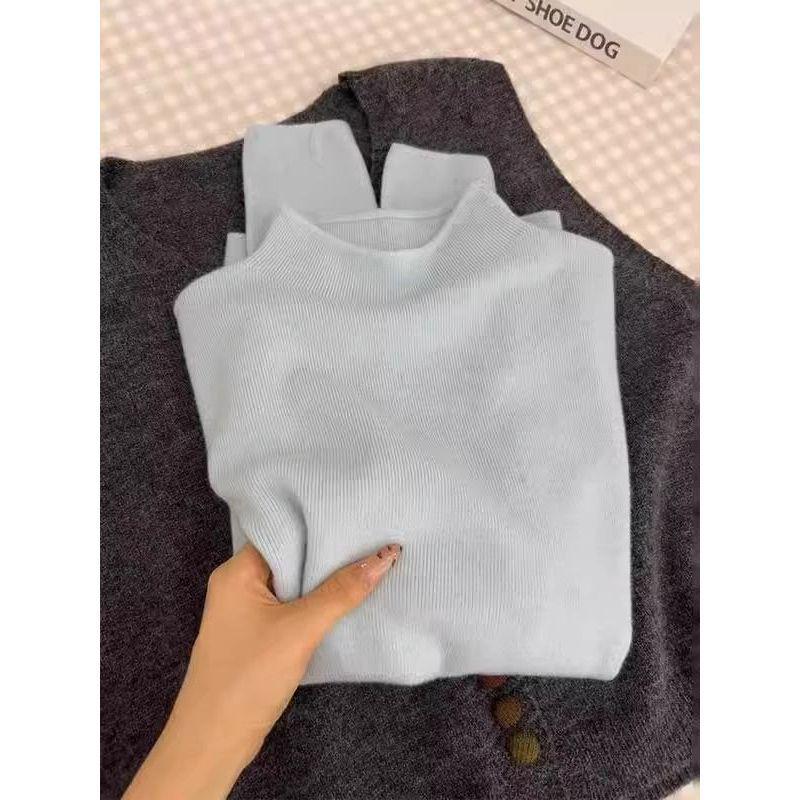 Women's Soft Milk Color Knitted Slim-Fit Sweater, Semi-High Neck, Long-Sleeved, Autumn Design.