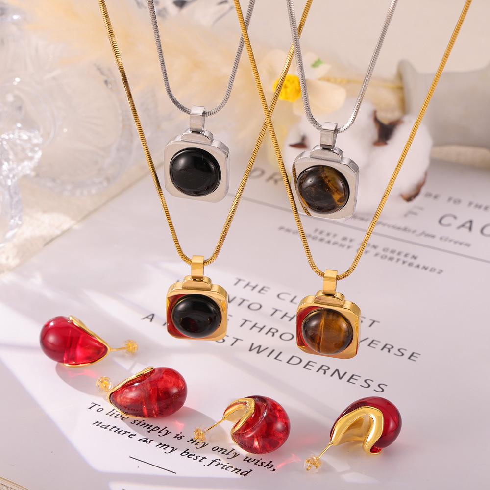 French Minimalist Titanium Steel Pendant Necklace & Water Drop Earring Set for Women
