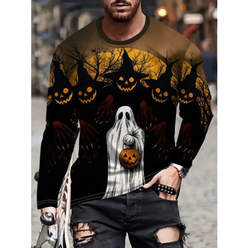 Men's Long Sleeve T-Shirt Halloween Dark Forest Cemetery Skull Horror 3D Print Crew Neck Casual Tops