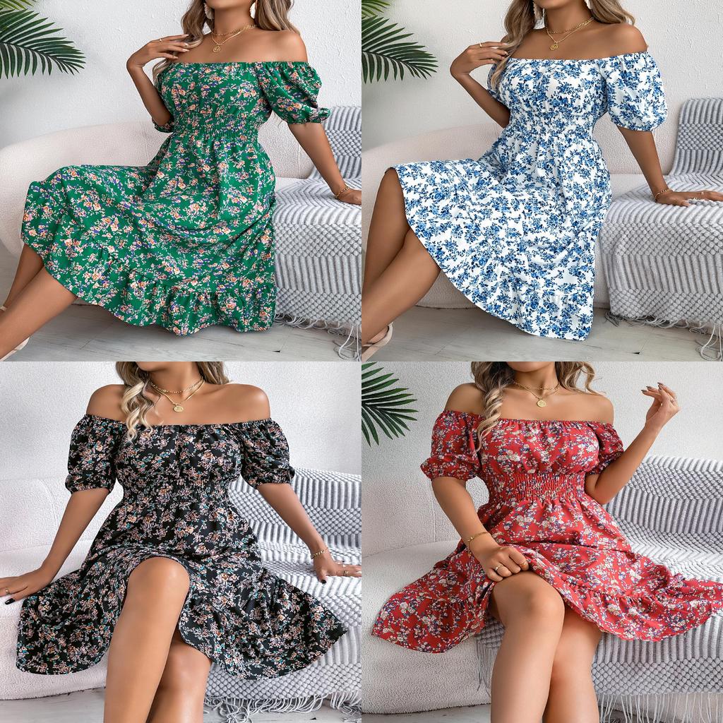 Euro Sommer Florales A-Linien-Kleid mit Rüschensaum für Freizeitkleidung