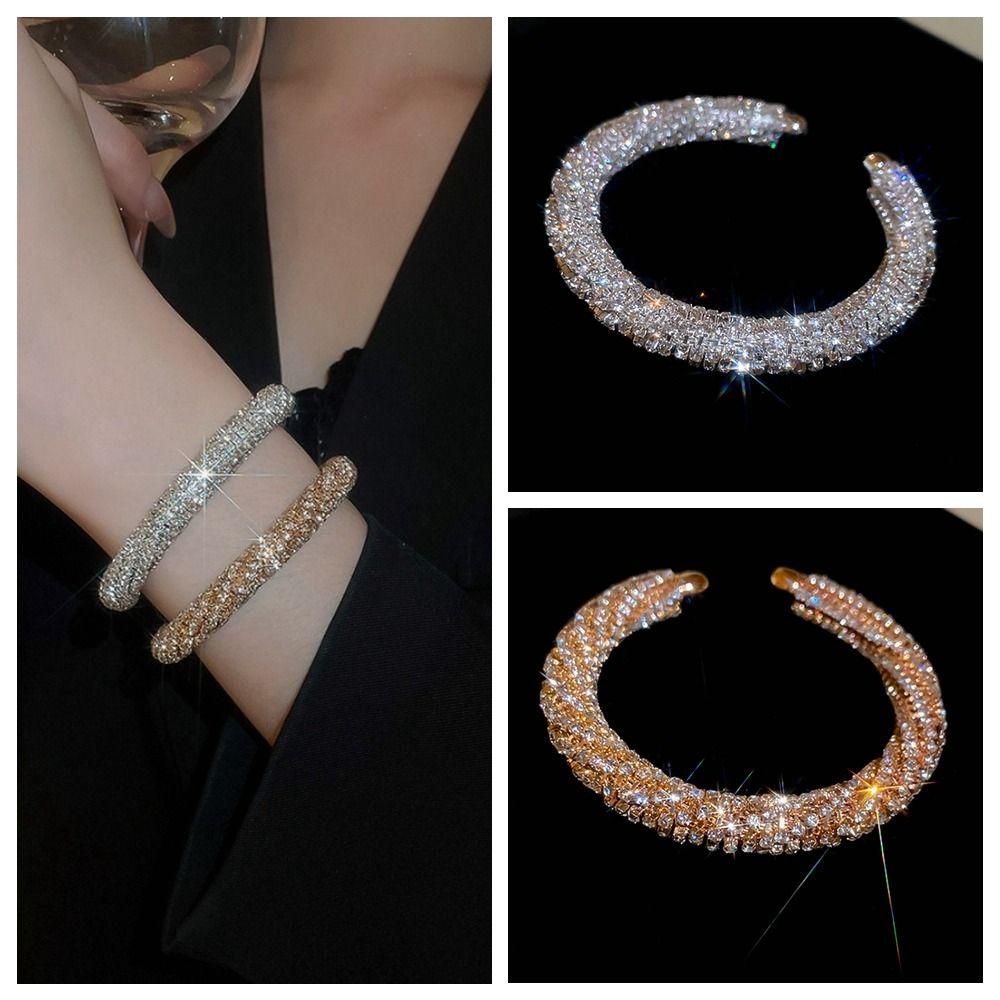Round Rhinestone Bangle Gold Open Bangle Fashion Cuff Bracelet  Ladies
