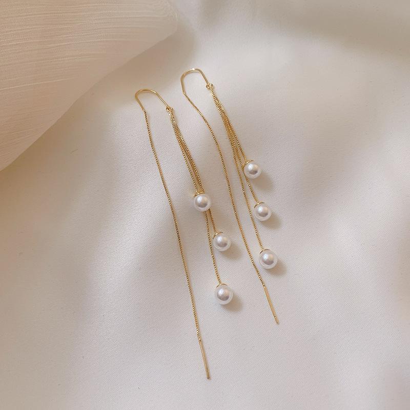Vintage Elegant Long Pearl Tassel Ear Line Earrings ins Simple Earrings