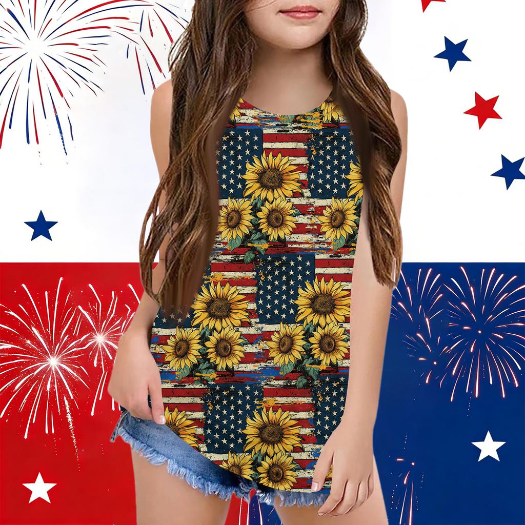 Girls  Kids Summer Crewneck Sleeveless Shirts Tank Tops Independence Day