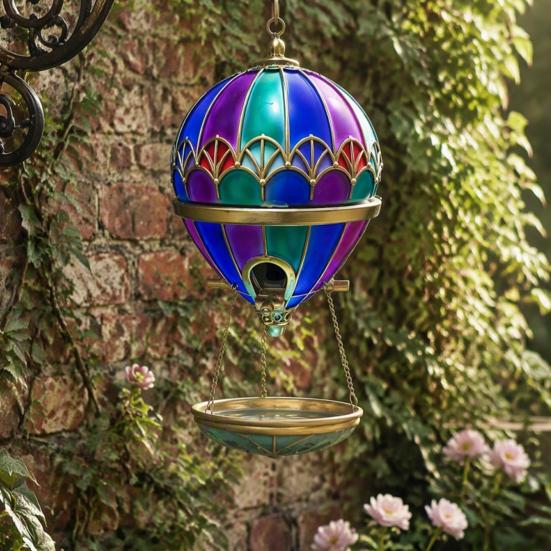 Bird Food Dispenser with Water Basin Hot Air Balloon Feeder, Retro Stained Glass Art Feeder Feeding Station Tray, Hanging Bath for Outdoor Garden