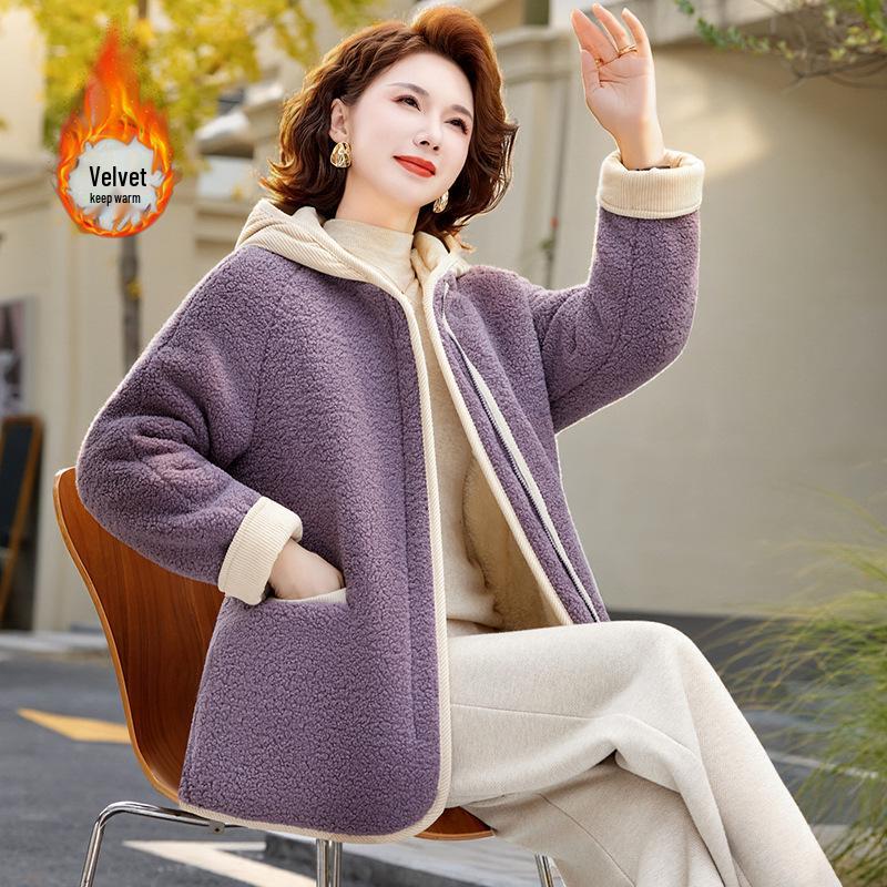 

Stylish Winter Coat with Fleece Lining, Thick Cotton Padding, and Warm Lambswool Hood for Middle-Aged and Elderly. Perfect for Autumn and Winter. 3XL (120-135 lbs) фіолетовий