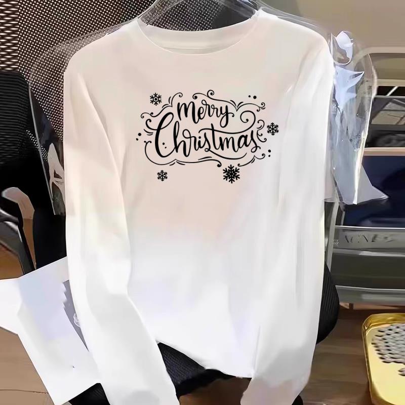 (Asian Size) Print T Shirt Graphic Tee Women plaid tree merry Christmas new year Casual Fashion Top o-neck Clothing Long Sleeve T-shirts