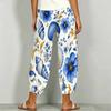 Women Plus Size Loose Nautical Print Cropped Pants Blue Beige Cross Hem With Pockets
