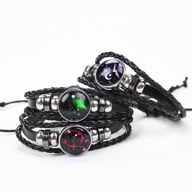 Leuchtendes Zwölf Sternbilder Kunstedelstein Armband ;Perlenseil PU-Leder 12 Sternzeichen Gewebtes Armband