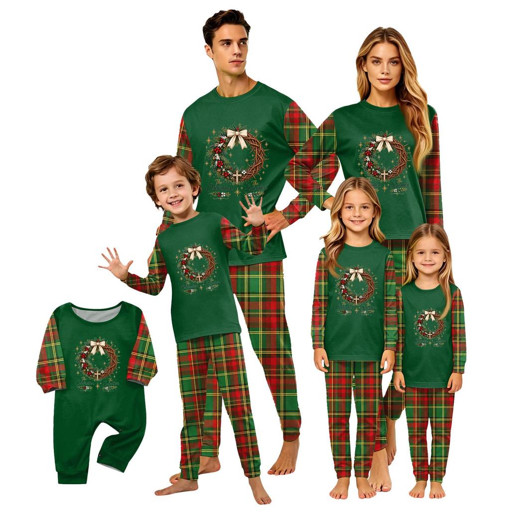 Christmas-print long-sleeve and long-pant matching family loungewear set