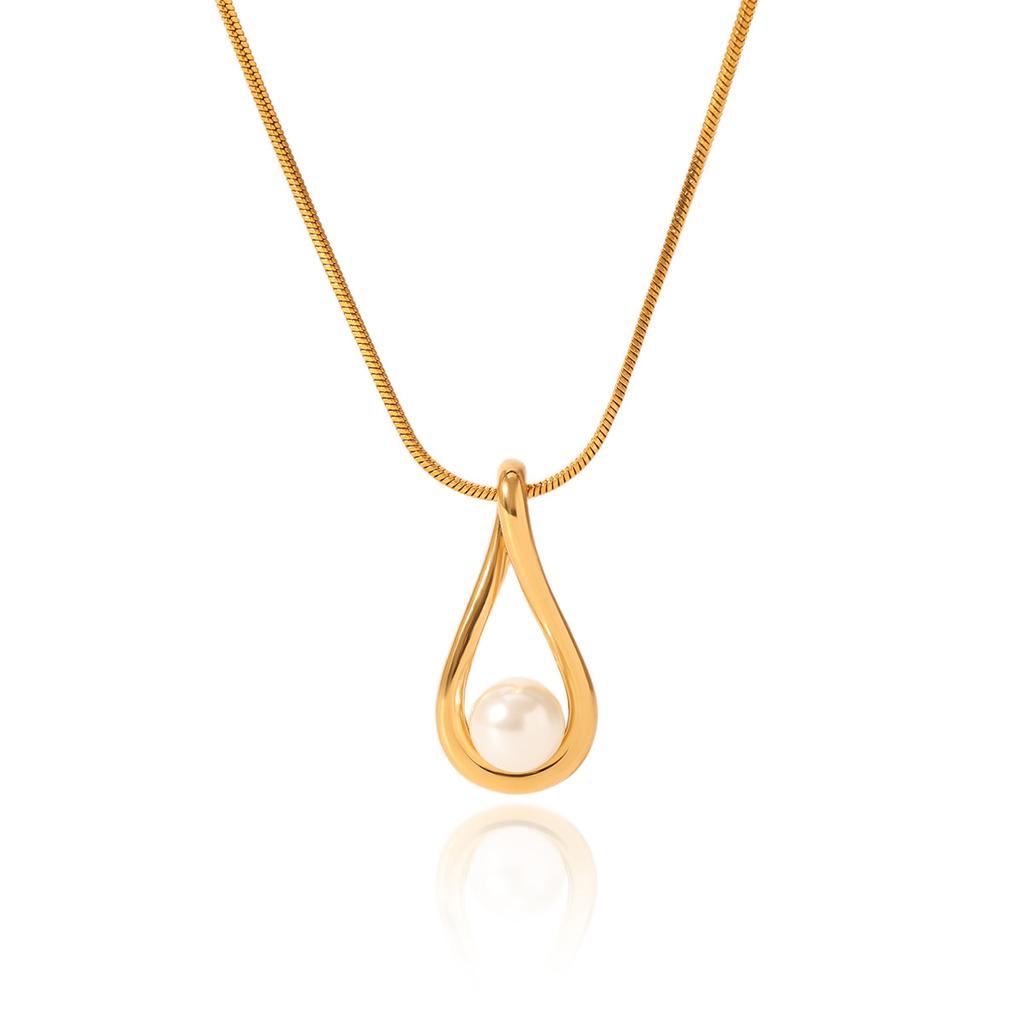 Elegant Hollow-Out Waterdrop Pearl Pendant Necklace Stylish Collarbone Chain Titanium Steel Jewelry