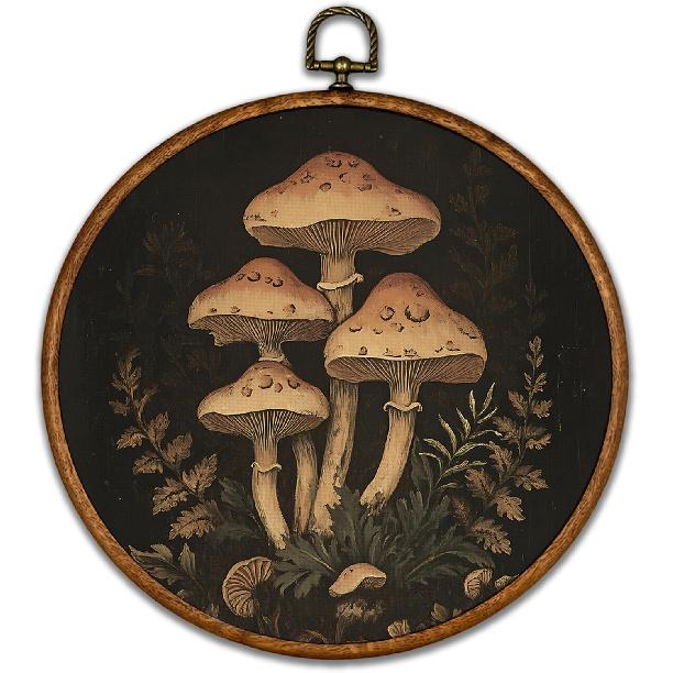 BCUANGD Vintage Mushroom Round Wall Art Decor - Retro Boho Botanical Wall Art Canvas Frame Artwork Prints, Neutral Cottagecore Round Wall Hanging