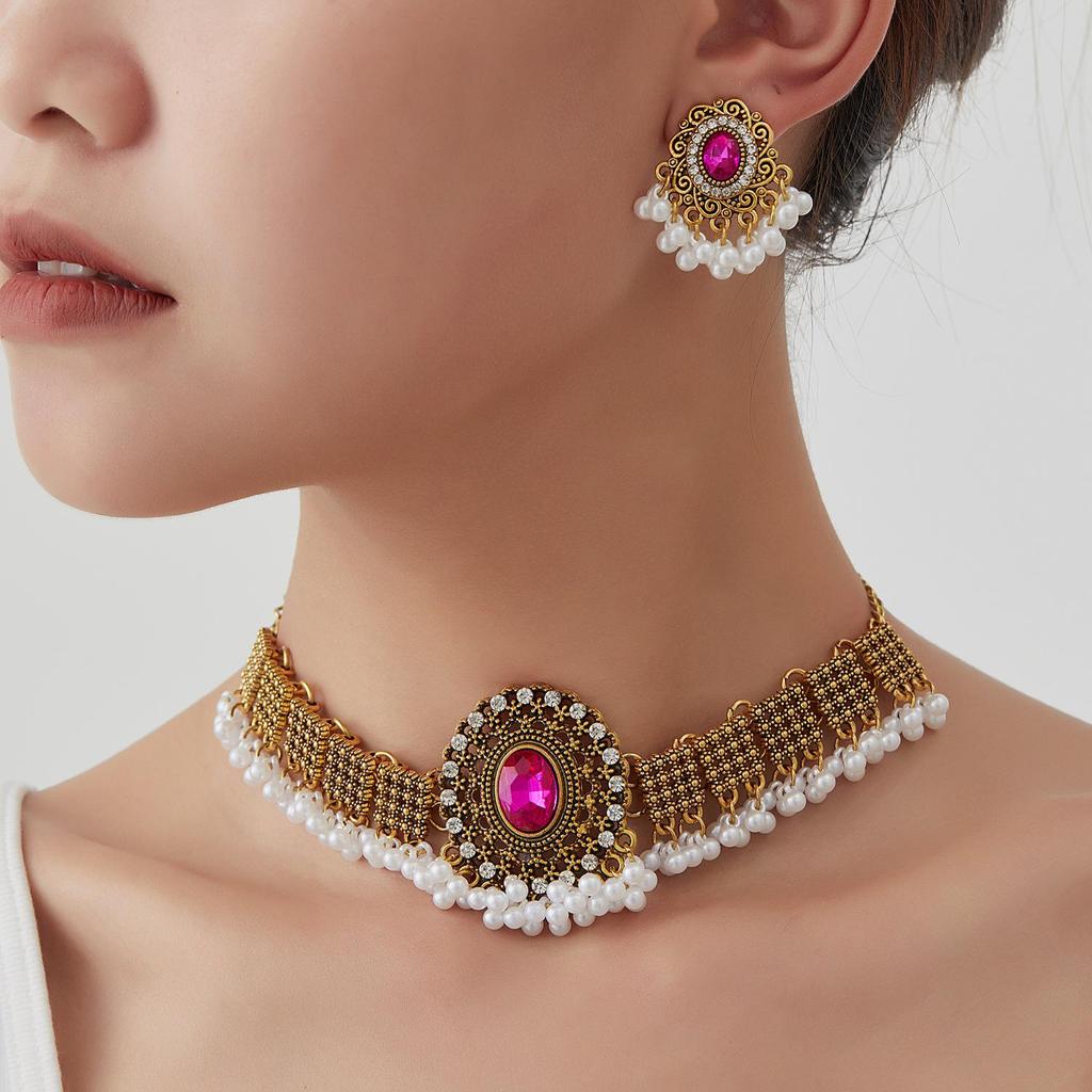 Cross-Border Ethnic Rhinestone Tassel Necklace & Earring Set