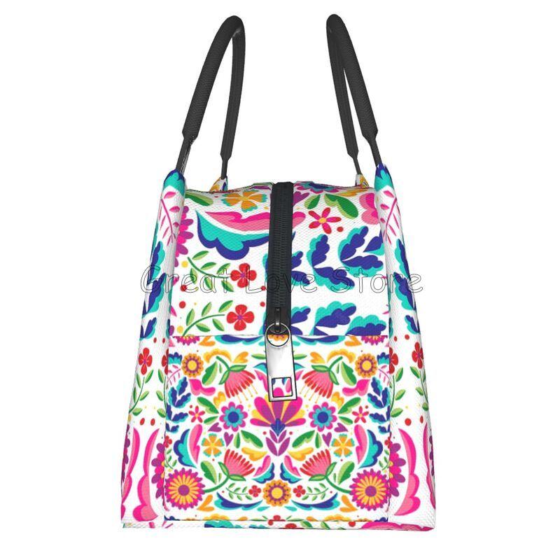 Mexikanische Blumen Florale Kunst Thermische Lunchtasche Damen Tragbar Isoliert Kühlertasche für Picknick Strand Arbeit Wiederverwendbare Brotdosen Taschen