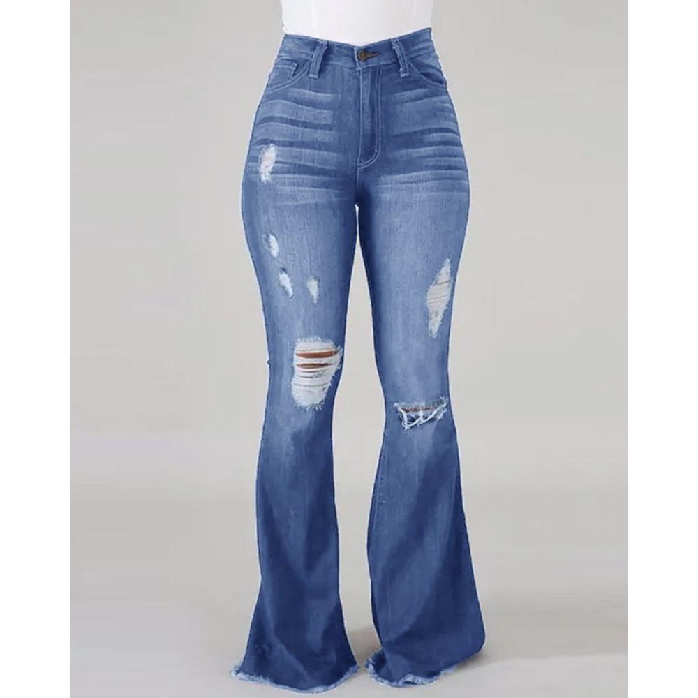 Women Bell Bottom Jeans Elastic Waist Ripped Flared Jean Destroyed Raw Hem Denim Pants