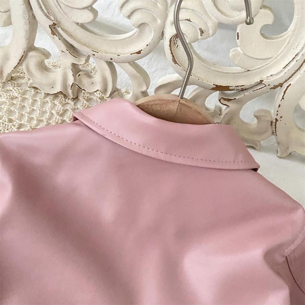 Girls' Autumn PU Leather Biker Outfit: Korean Fashion Jacket & Pleated Skirt Set