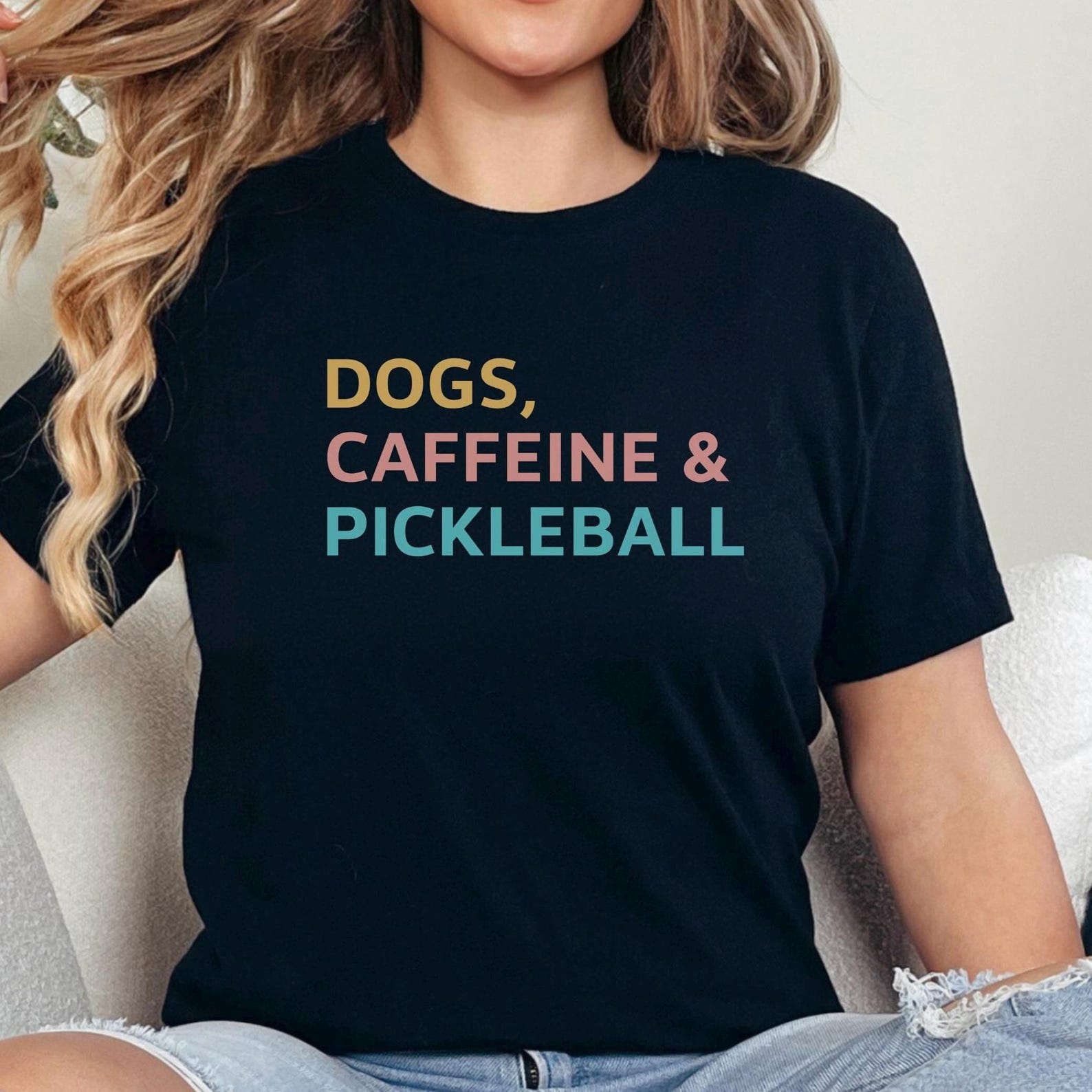 Dogs, Caffeine & Pickleball T-Shirt: Gift for Pickleball Lover 3XL
