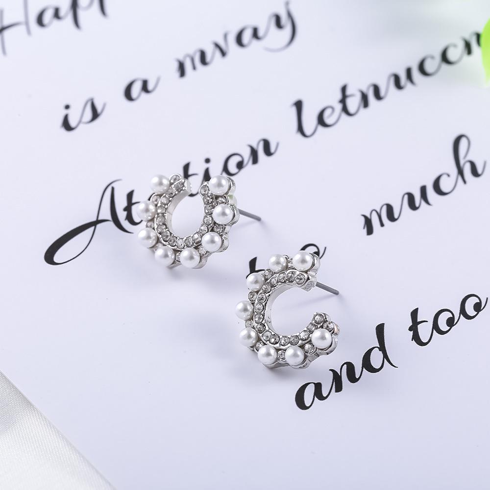 Versatile Korean C-Shaped Pearl & Diamond S925 Silver Earrings B883
