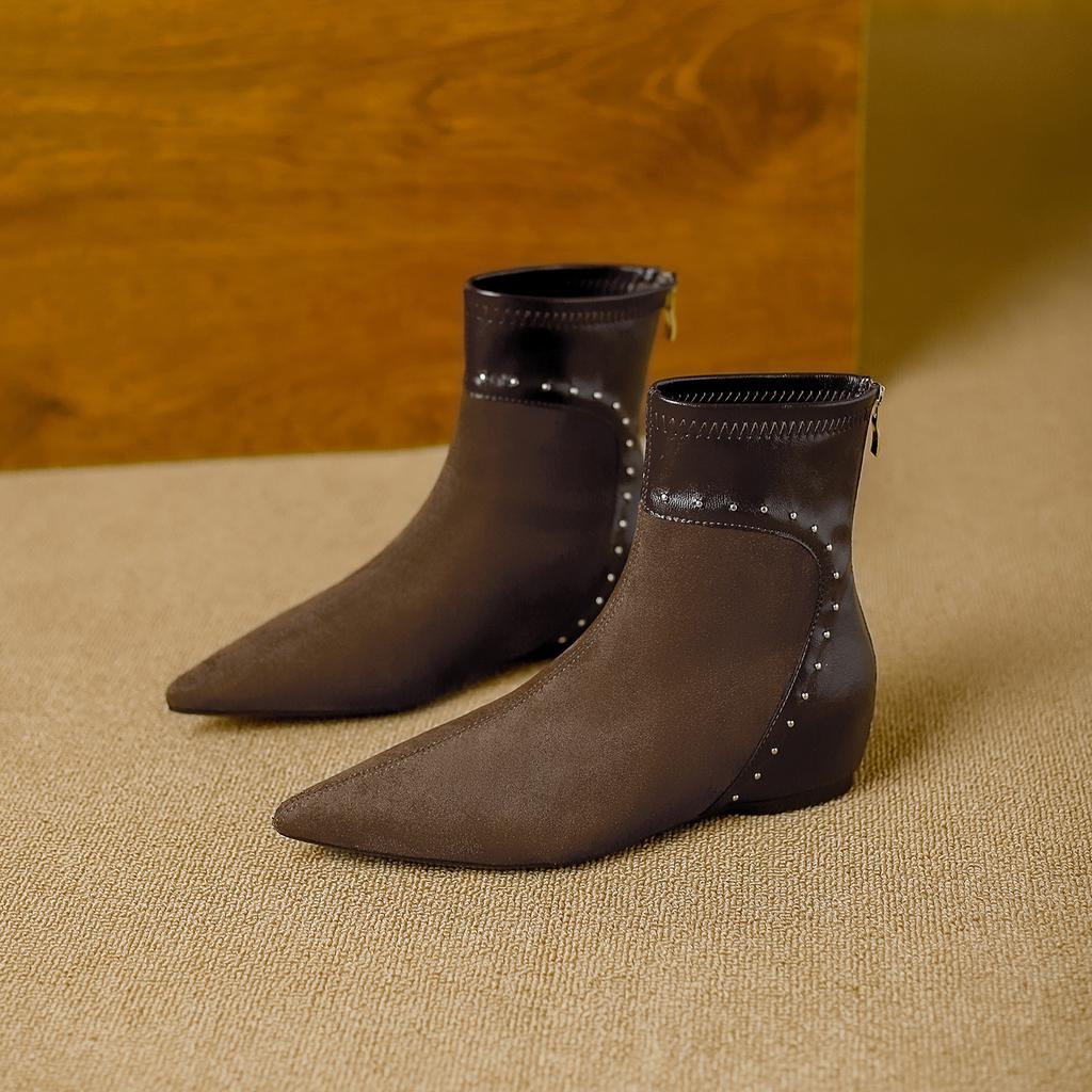 Inner heightening pointed short boots women's autumn and winter new suede splicing retro versatile comfortable commuting simple thin boots
