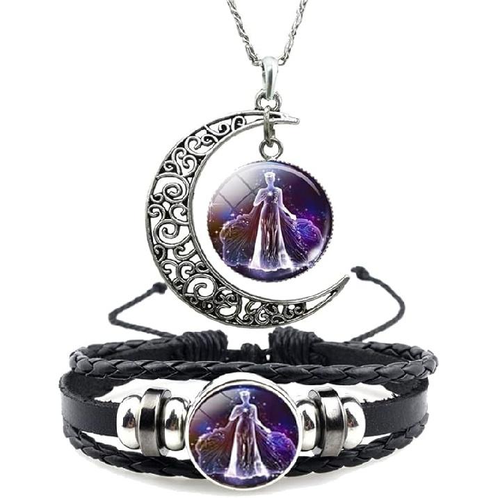 12 Zodiac Constellation Necklace Bracelet Time Gemstone Horoscope Astrology Moon Crescent Necklace for Women Men Birthday Gift Jewelry