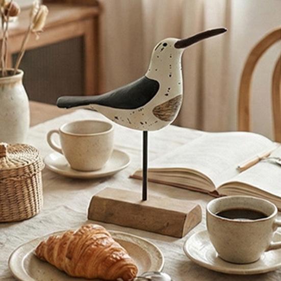 Wooden Coastal Bird Figurine Nautical Theme Bird Table Ornament with Base for Living Room Beach Home Decor