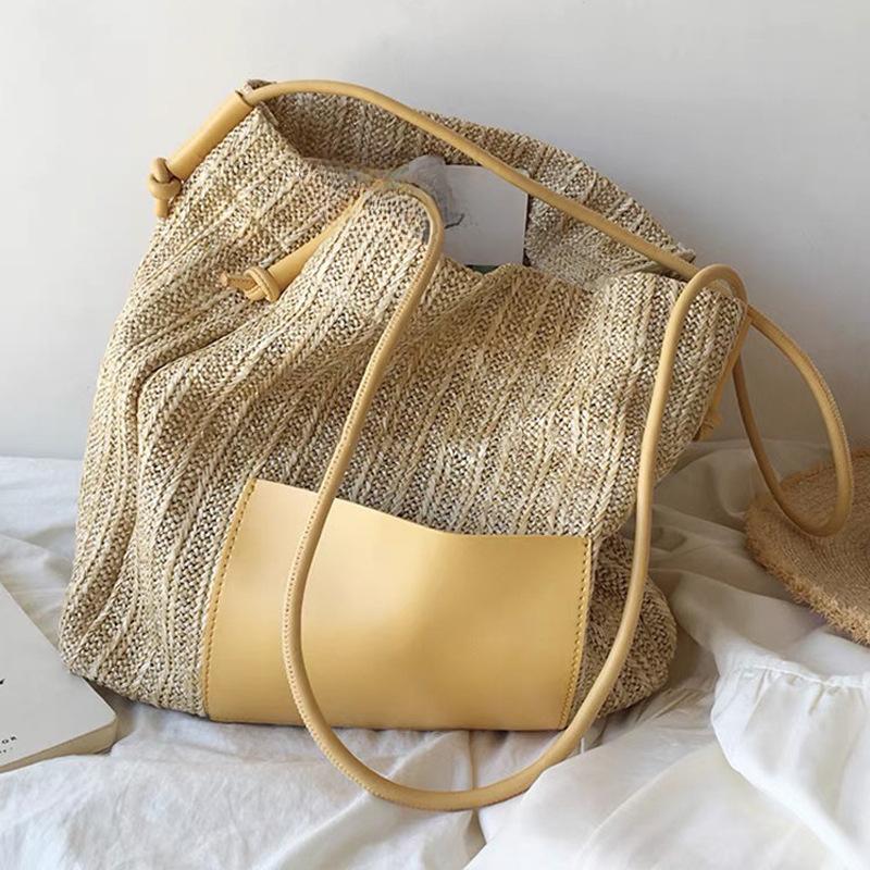 

Ретро-плетеная сумка-тоут для отпуска, плетеная соломенная сумка на одно плечо, вместительная сумка для покупок через плечо, пляжные булочки, сумка для мамы жёлтый