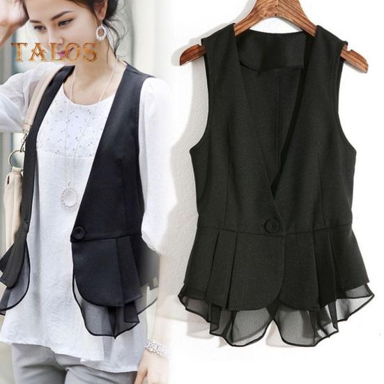 Lady Women Vest Coat Single Button Closure Sleeveless Pleated Ruffle Mesh Patchwork Slim Fit Suit Coat Solid Color Casual Daily Wear Waistcoat
