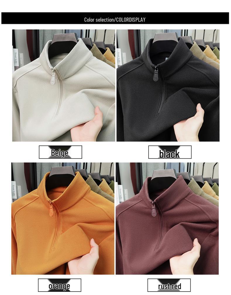 Men's Half-Zip Stand Collar Double-Sided Fleece Long Sleeve Top - Thick, Warm Base Layer for Autumn/Winter