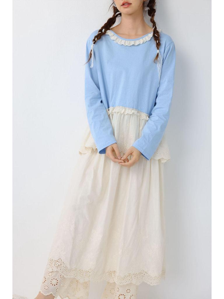 Spring Japanese Literary Lace Collar Knit T-shirt: Loose Embroidered Pure Cotton Layered Top for Women