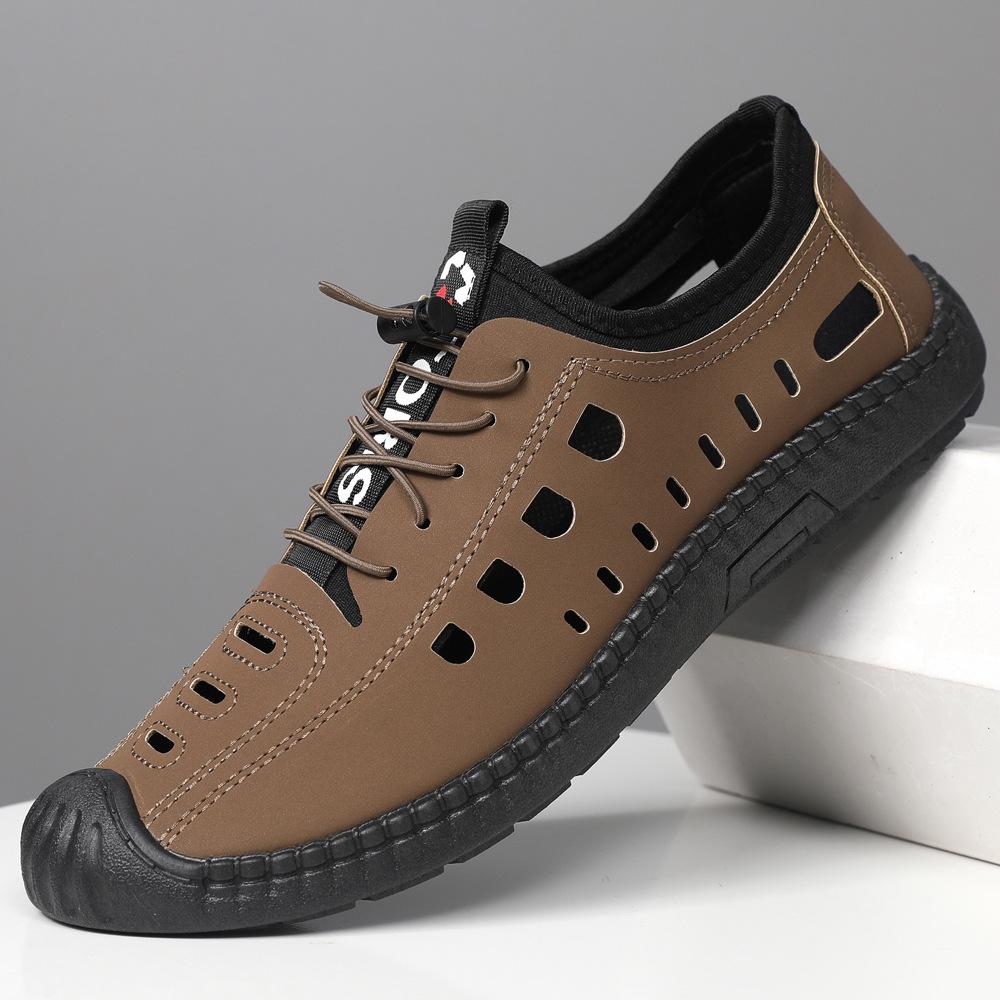 Herren Sandalen Sommer Strandschuhe Weiches Leder Schwarze Sohle Sportschuhe Atmungsaktiv Hohle Ein-Pedal Freizeit Lochschuhe
