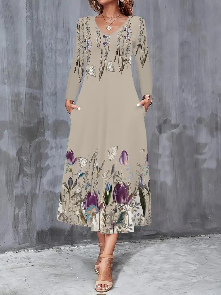 2025 Herbst und Winter Neue Damen Casual Mode Kleid Herbst 3D Blumenmuster Langarm V-Ausschnitt A-Linien Kleider
