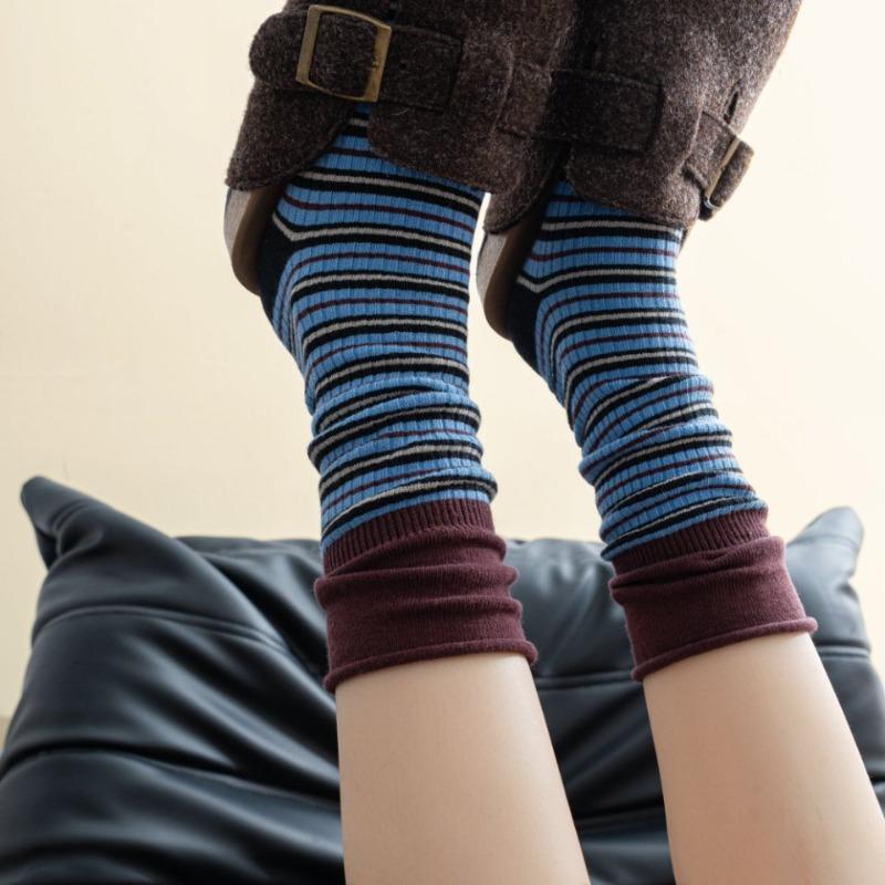 Autumn and Winter Color-blocking Striped High-slit Mid-calf Socks for Women's Fashion Pairs with Pure Cotton Puffy Long Socks