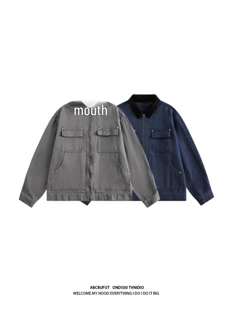 Men's Retro Blue Detroit Workwear Jacket - Heavyweight Spring/Autumn Color Block Lapel Outerwear