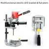 New electric drill stand with multi-function capabilities for bench drills. Features aluminum construction