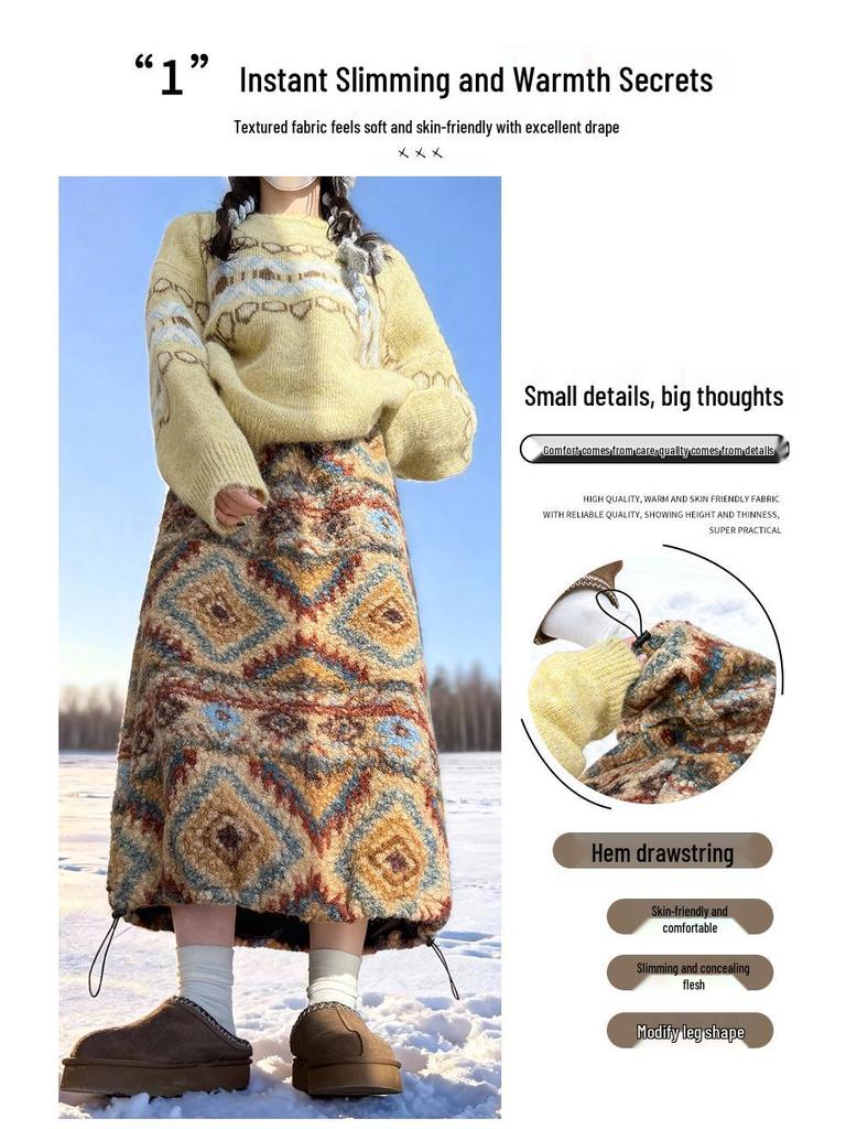 Women's Fair Isle Retro Polar Fleece Mid-Length Umbrella Skirt for Autumn/Winter