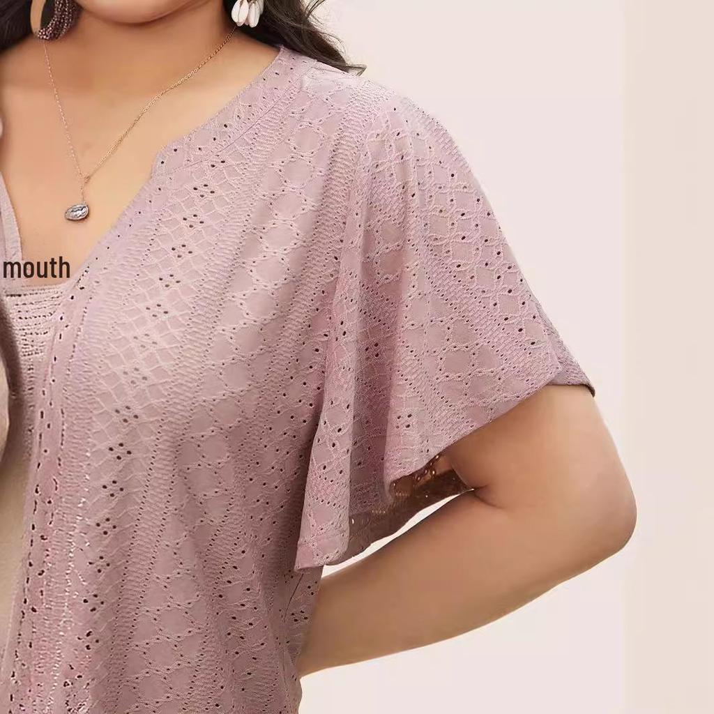 2024 Summer Women's Plus Size V-Neck Batwing Sleeve Hollow Breathable T-Shirt