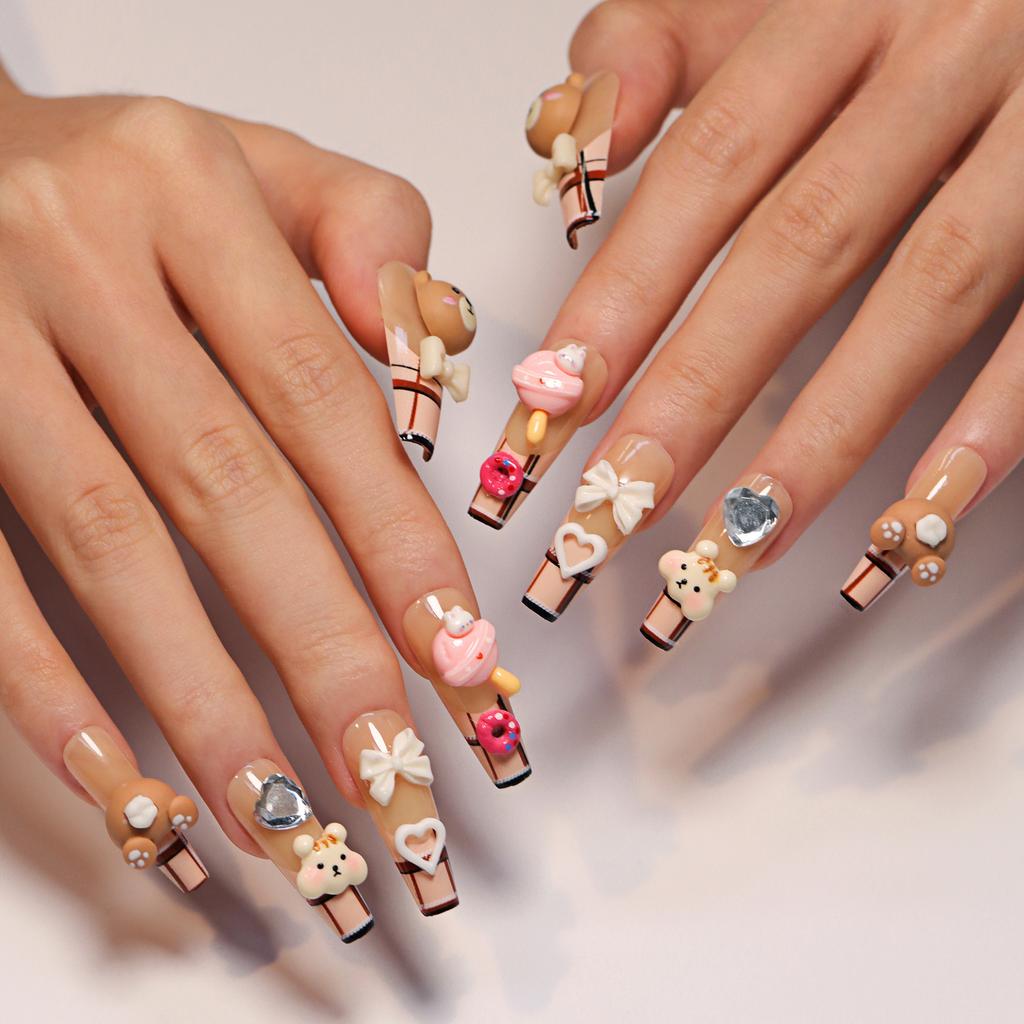 Cartoon cute bear manicure French plaid fake nails three-dimensional bow coffee-colored wearable nail piece
