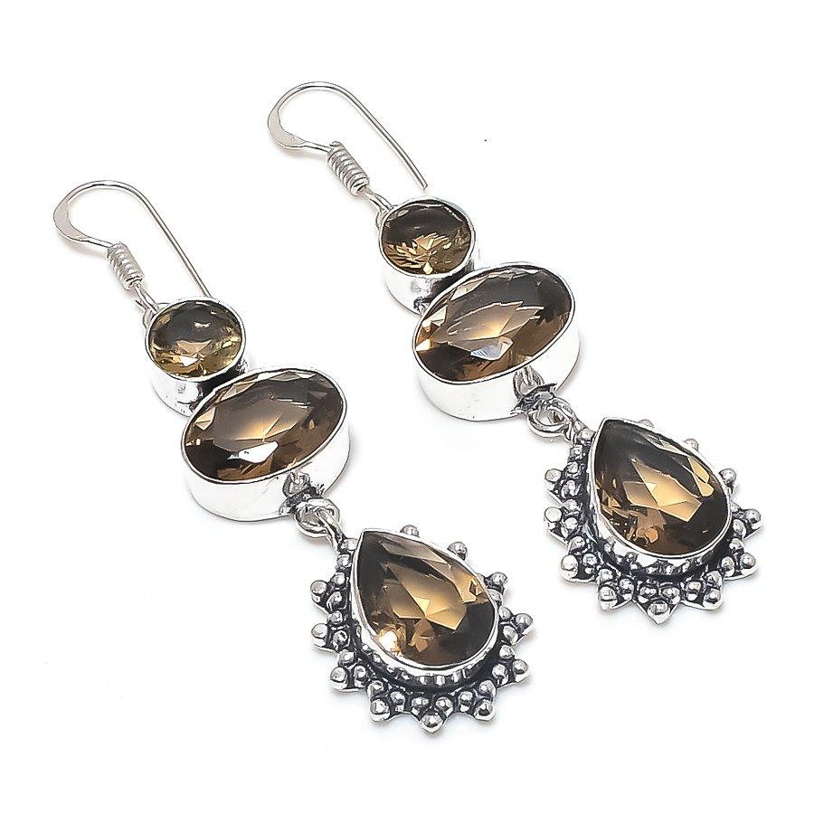 Natural Smoky Topaz Gemstone Handmade 925 Sterling Silver Earring 2.56" b7D32