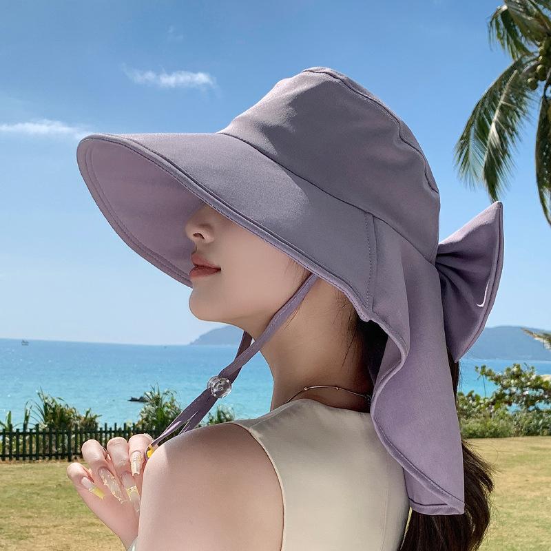 Spring and Summer Big Eaves Shawl Neck Protector Bucket Hat Outdoor Sun Protection Sun Hat Fashion with Ponytail Hole Hat Women