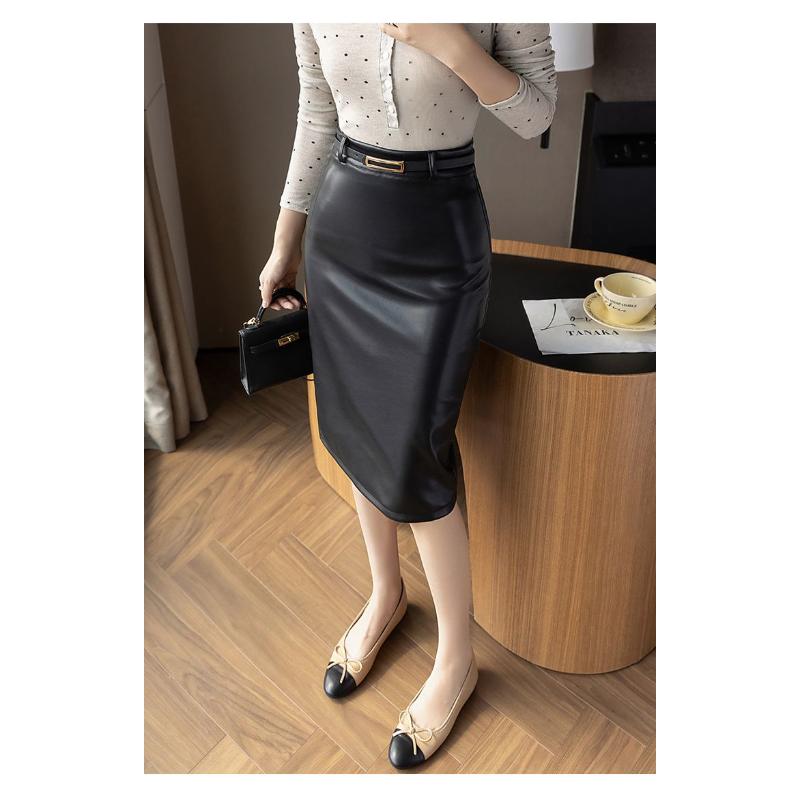 Damen Schwarzer Kunstleder High Waist Schlanker Bleistiftrock Mit Gürtel Büro Freizeit Midi Rock