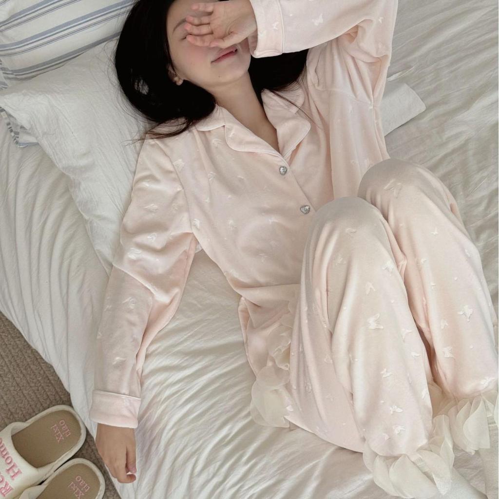 New Autumn Embossed Butterfly Pajama Set - Women's Double-Sided Fleece, Korean Style