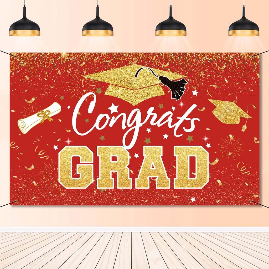 Graduation Party Decorations - Blue Gold Congrats Grad Class of 2025 Backdrop Banner Large Sign Wall Decorations Photography Background Party
