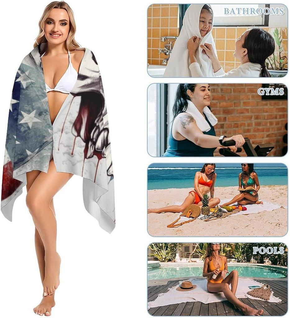 American Flag Skull Beach Towel Oversized Absorbent Towels Quick Dry Pool Towel Lightweight Bath Towels Sandproof Beach Blanket