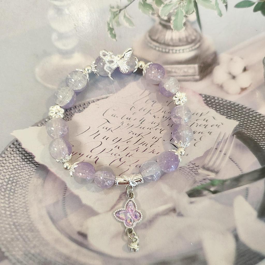 Forest Butterfly Glass Bracelet with Ice-Cracked Flower Beads