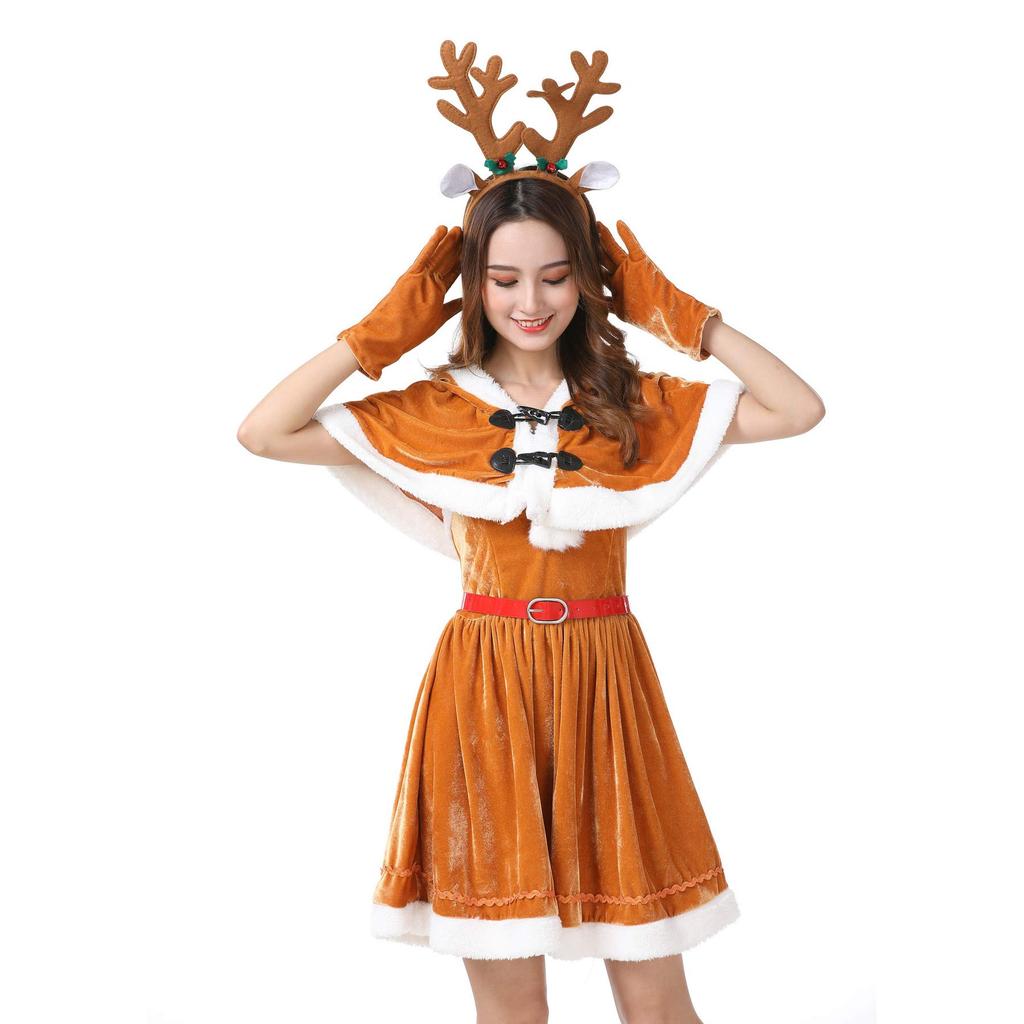 Osseoca Women's Santa Dress, Reindeer Cosplay Costume Set with Bolero, Headband, and Belt, Perfect for Christmas and Parties