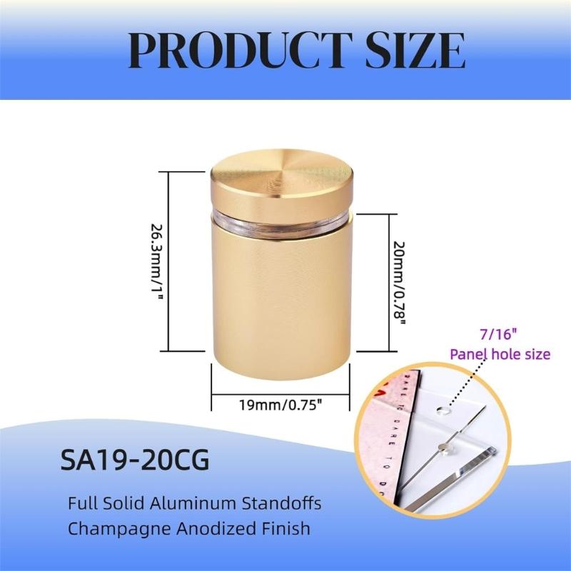 Acrylic Frame Mounting Posts with Threaded Cap-and-Body Construction, 12-Piece Gold-Finish Set for Wall Sign, Art Panel, and Display Board Use
