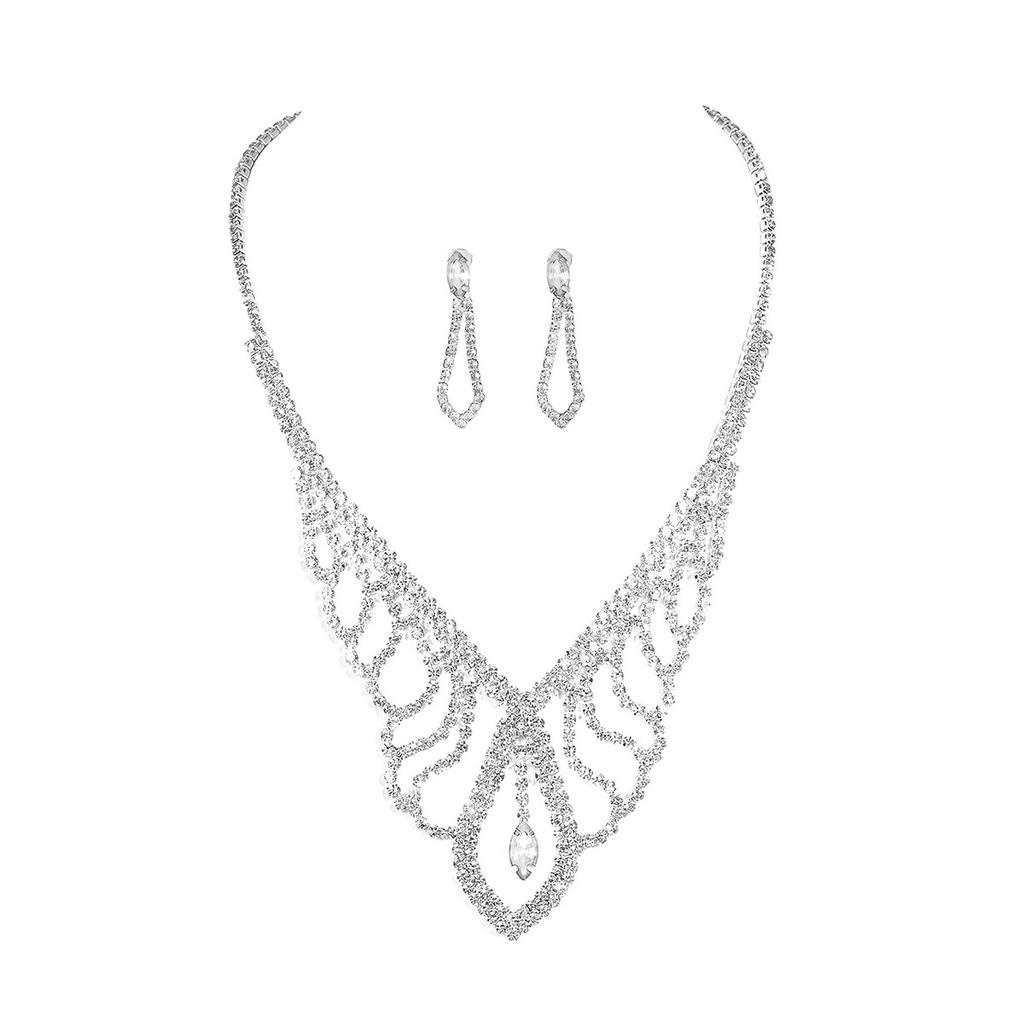 Hollow Shiny Rhinestone Necklace Earrings Set Luxury Two-piece Earrings