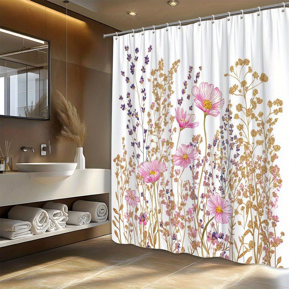 1pc Soft Pastel Floral Shower Curtain, Polyester Fabric, Machine Washable, with Hook, Suitable for Bathroom Decoration