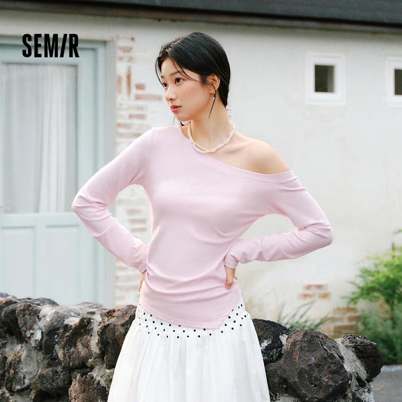 Semir Women's Slim Fit Off-Shoulder Letter Crop Long Sleeve T-Shirt